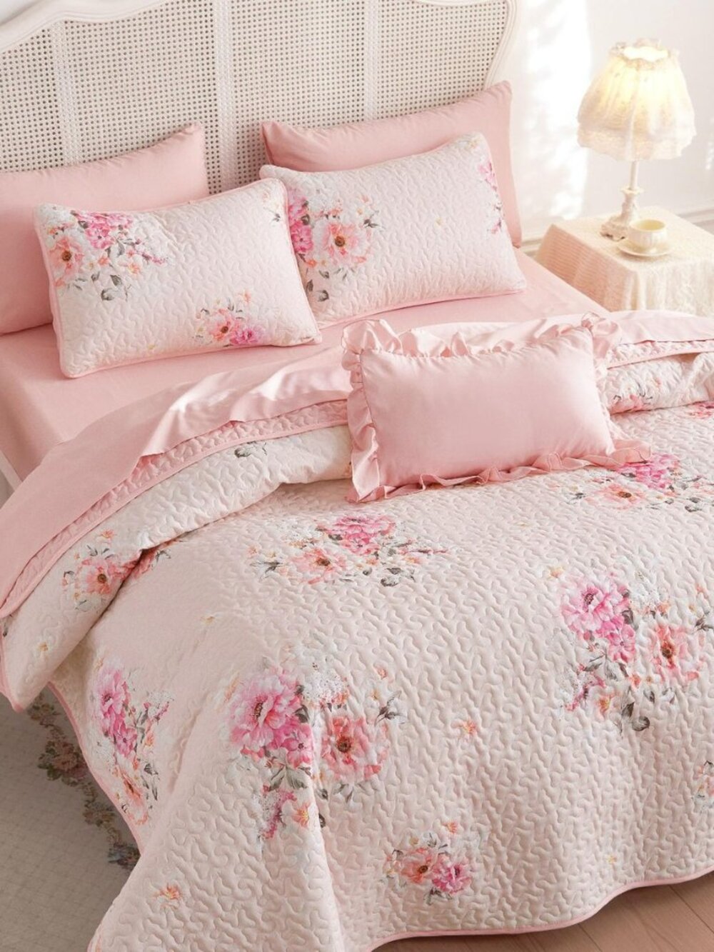 Shabby Chic Quilt Set, Floral Coquette Cottagecore Farmhouse Vintage Flowers